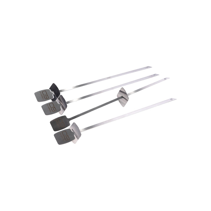 Silver metal skewers with black plastic handles, "OZ" branding.