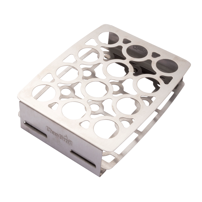 Silver metal grill grate with circular cutouts and "Char-Broil" branding.