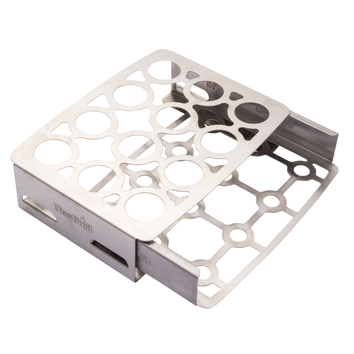 Silver ThermoPro metal grill grate with circular and triangular cutouts.