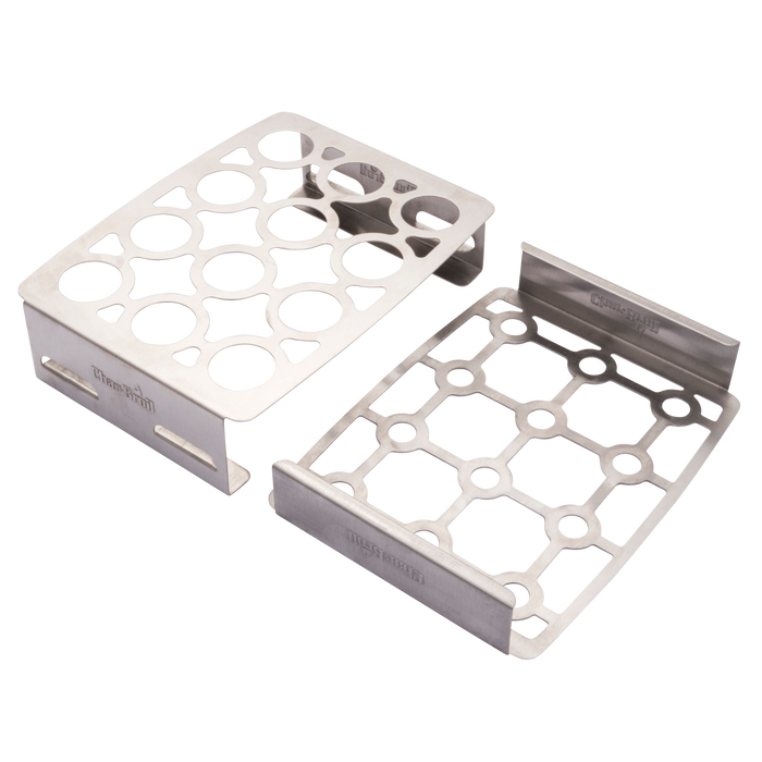 Silver metal rack with circular cutouts and brand engraving.