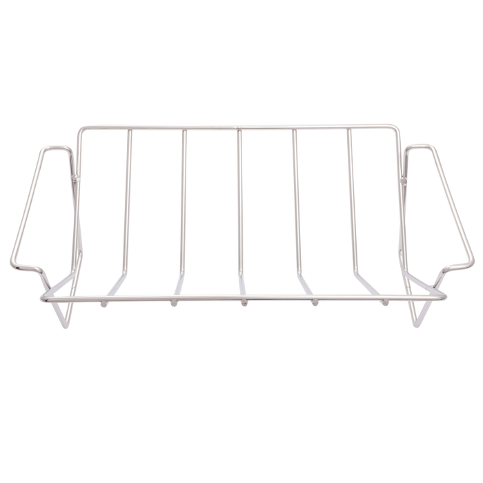 White metal dish drying rack with four compartments and curved handles.