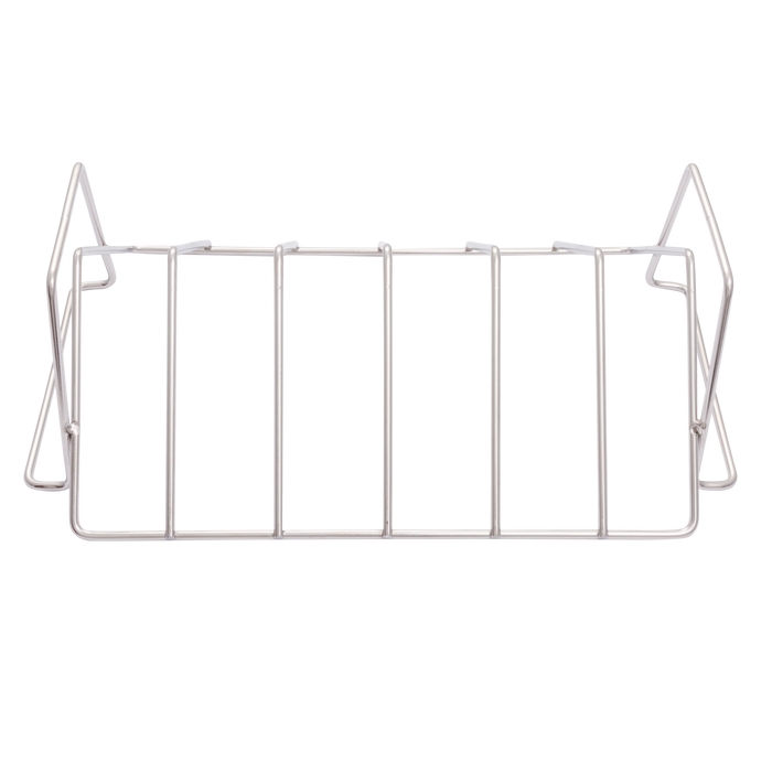 White metal folding gate with four vertical bars and curved handles.