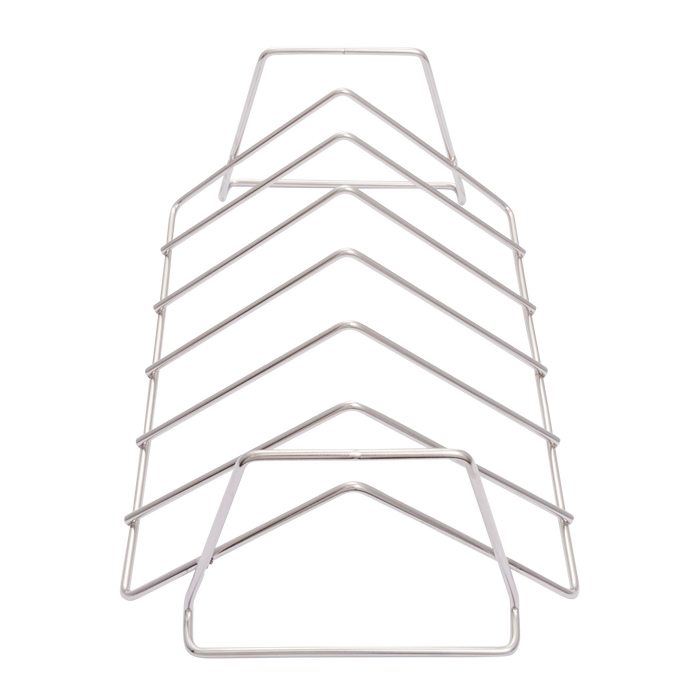 Silver metal tiered storage rack with five shelves and base supports.