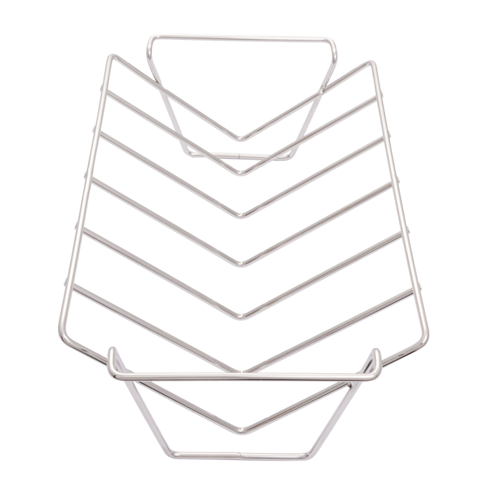Silver metal magazine or book rack with slanted shelves.