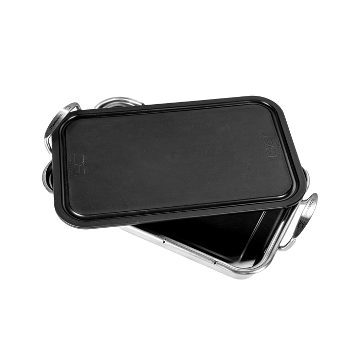 Black rectangular metal container with lid and handles, branded with "GF" logo.