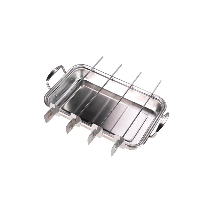 Silver roasting pan with removable rack and handles.