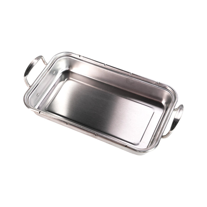 Silver rectangular stainless steel roasting pan with handles.