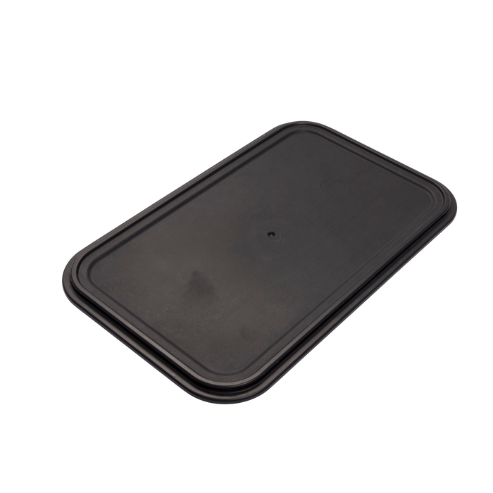 Black rectangular plastic lid with rounded corners and small hole in center.