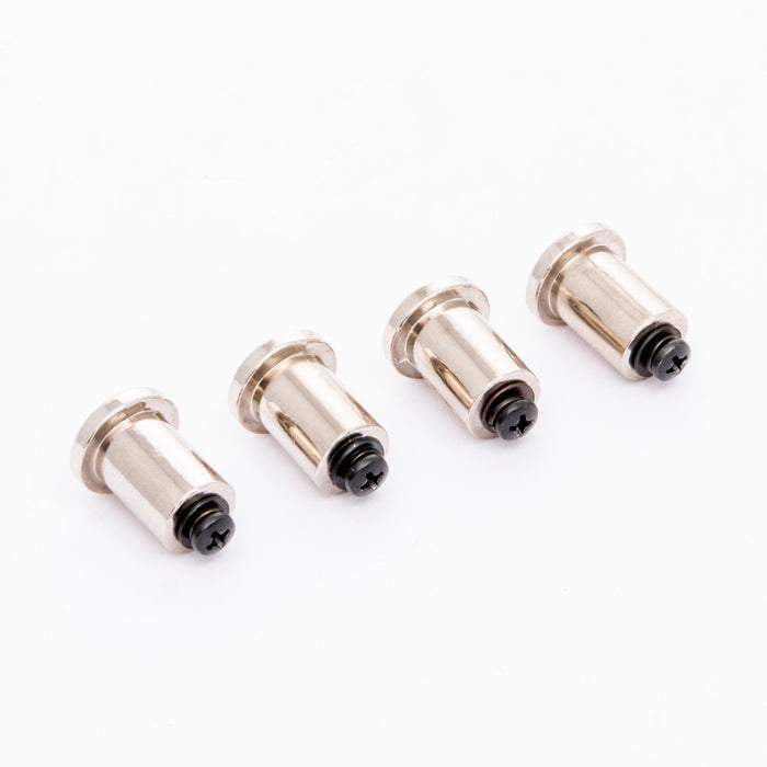 Silver metal screws with hexagonal heads and black rubber tips.
