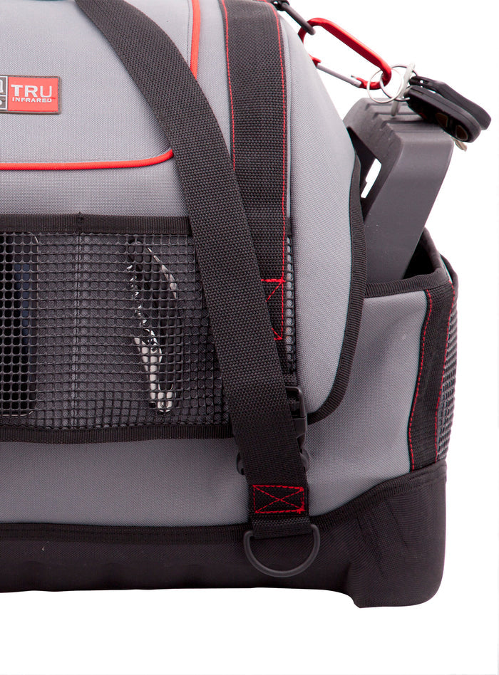 Gray and black TRU Infrared duffel bag with mesh pocket and red stitching.