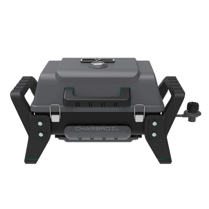 Black Char-Broil electric grill with control knobs and side handles.