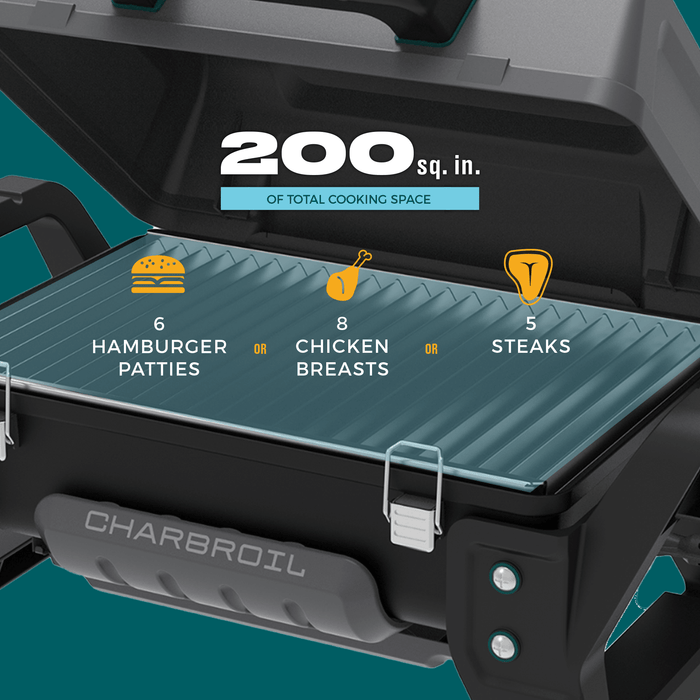 Char-Broil electric grill with 200 sq. in. cooking space, fits 6 hamburger patties, 8 chicken breasts, or 5 steaks.