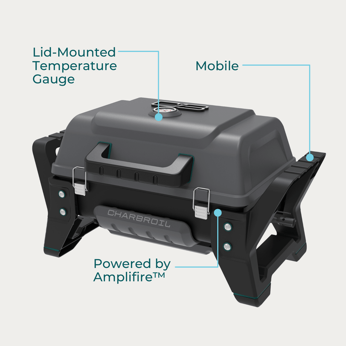 Black Char-Broil grill with lid-mounted temperature gauge, mobile design, powered by Amplifire™.