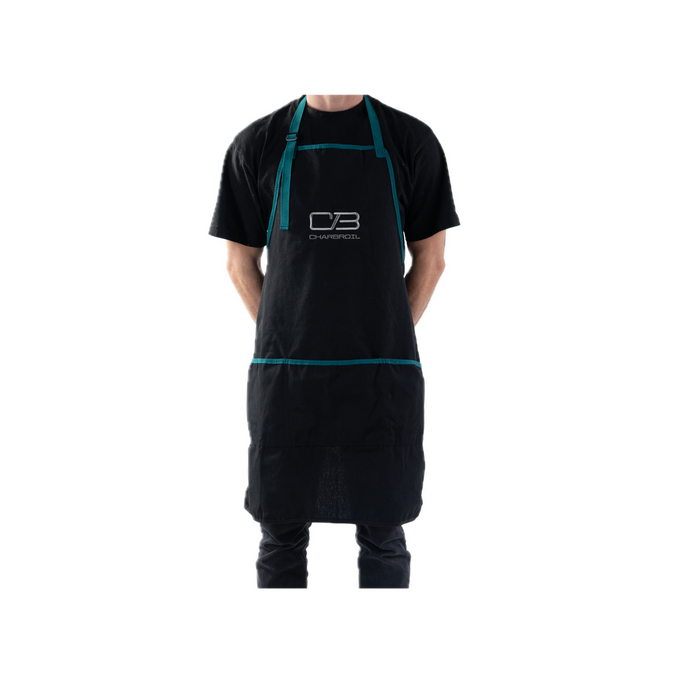 Black apron with teal trim and Char-Broil logo.