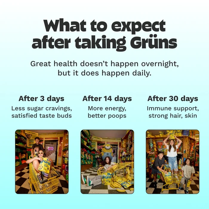 What to expect after taking Grüns: less sugar cravings after 3 days, more energy and better digestion after 14 days, and immune support with strong hair and skin after 30 days, with photos of children in shopping carts holding Kids Grüns packets in a store