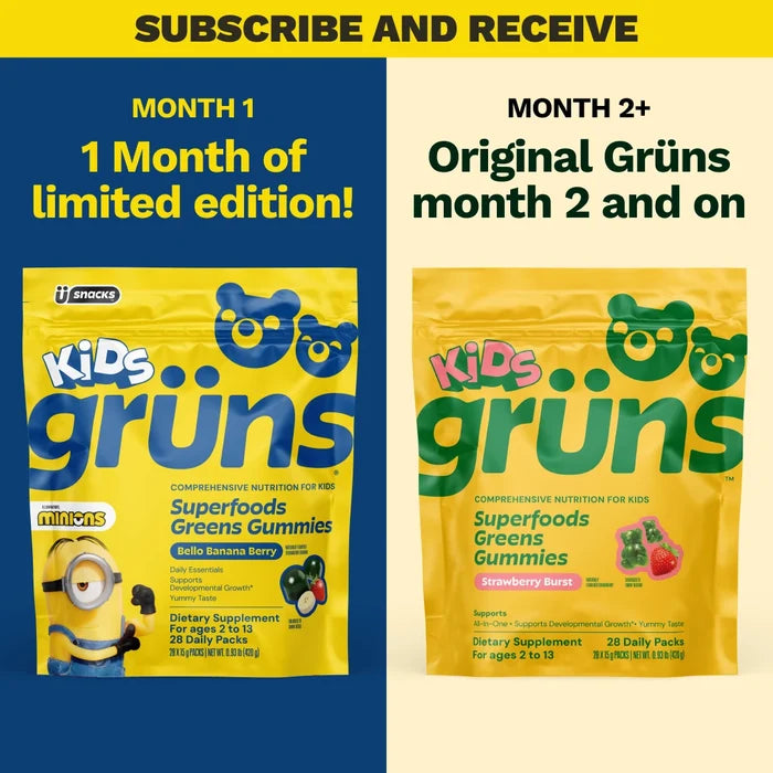 Subscription offer showing Month 1's Kids Grüns Bello Banana Berry packet with Minions branding on blue background, and Month 2 onward's Kids Grüns Strawberry Burst packet on yellow background