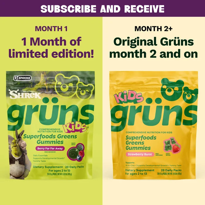 Subscribe and Receive graphic split into two panels: left shows Month 1, 1 Month of limited edition, featuring a Shrek Kids Grüns Superfoods Greens Gummies package labeled Berry Far Far Away; right shows Month 2+, Original Grüns month 2 and on, featuring a yellow Kids Grüns package labeled Strawberry Burst.
