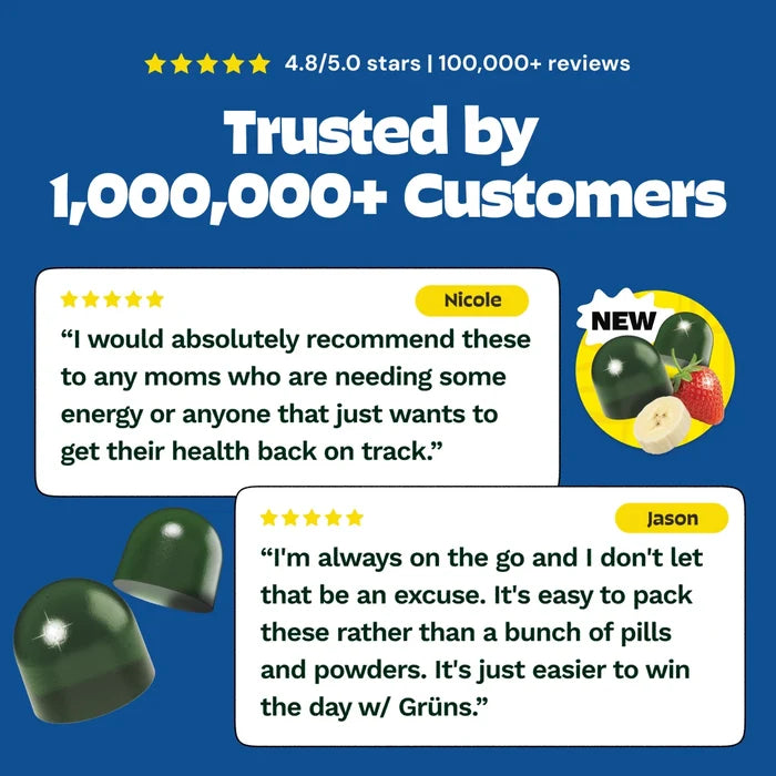 Trusted by 1,000,000+ customers, 4.8 out of 5 stars from 100,000+ reviews, with five-star customer testimonials from Nicole and Jason on a blue background with gummy capsules and fruit