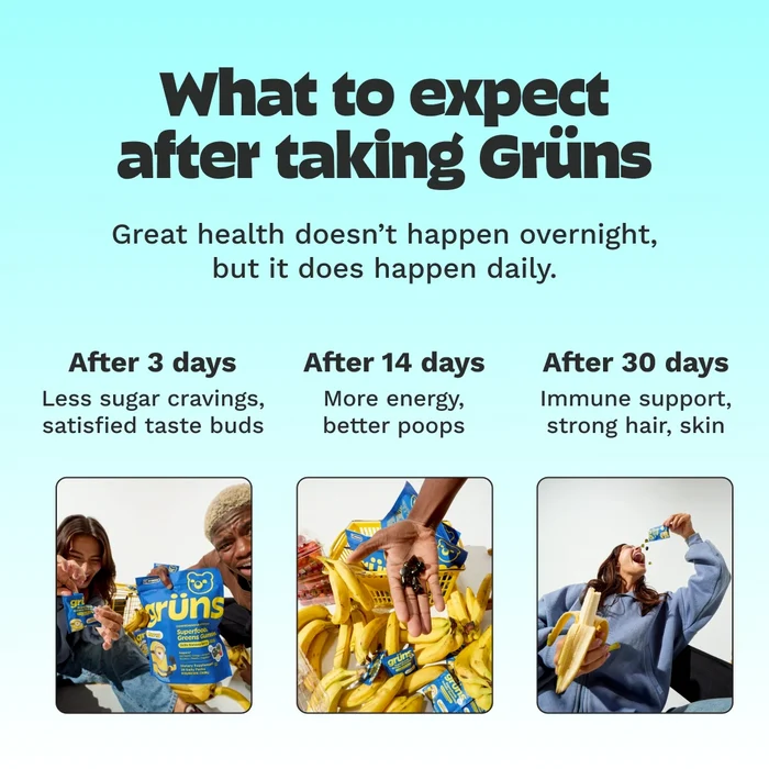 What to expect after taking Grüns: less sugar cravings after 3 days, more energy and better digestion after 14 days, and immune support with strong hair and skin after 30 days, with photos of people holding Grüns packets and bananas