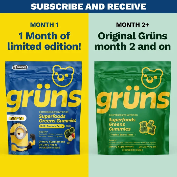 Subscription offer showing Month 1's blue limited-edition Bello Banana Berry Grüns packet on yellow background, and Month 2 onward's green Original Grüns packet on light green background