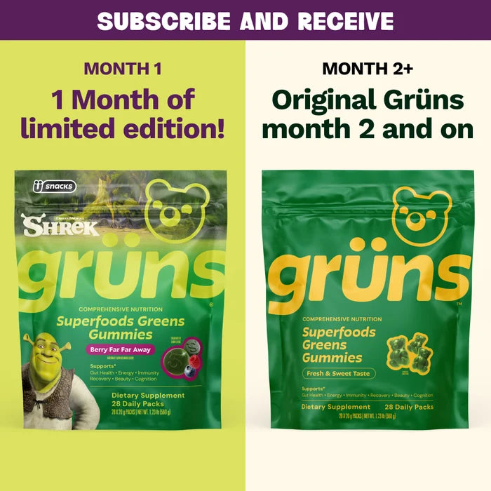 Subscribe and Receive graphic split into two panels: left shows Month 1, 1 Month of limited edition, featuring a green Shrek Grüns Superfoods Greens Gummies package labeled Berry Far Far Away; right shows Month 2+, Original Grüns month 2 and on, featuring a green Grüns package labeled Fresh & Sweet Taste.