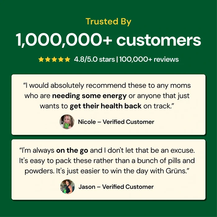 Product advertisement with customer testimonials and trust metrics, over 1,000,000 customers, 4.8 stars