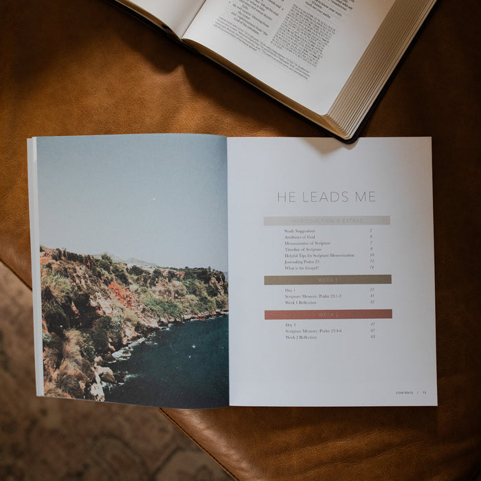He Leads Me Mens Study opened to the introduction with an open bible nearby on a leather couch seat