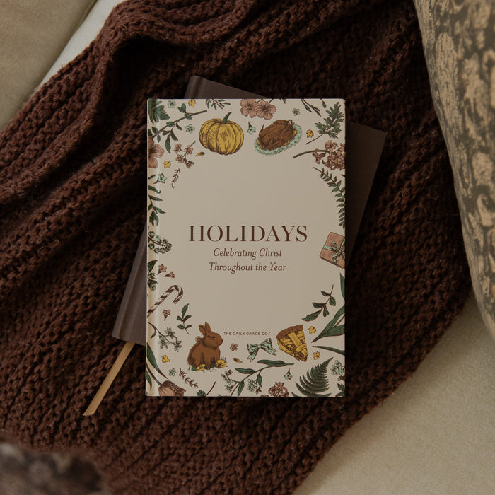 A holiday-themed book or journal titled 'HOLIDAYS Celebrating Christ Throughout the Year' by Holy Hands Press, styled on top of a dark brown chunky knit blanket.