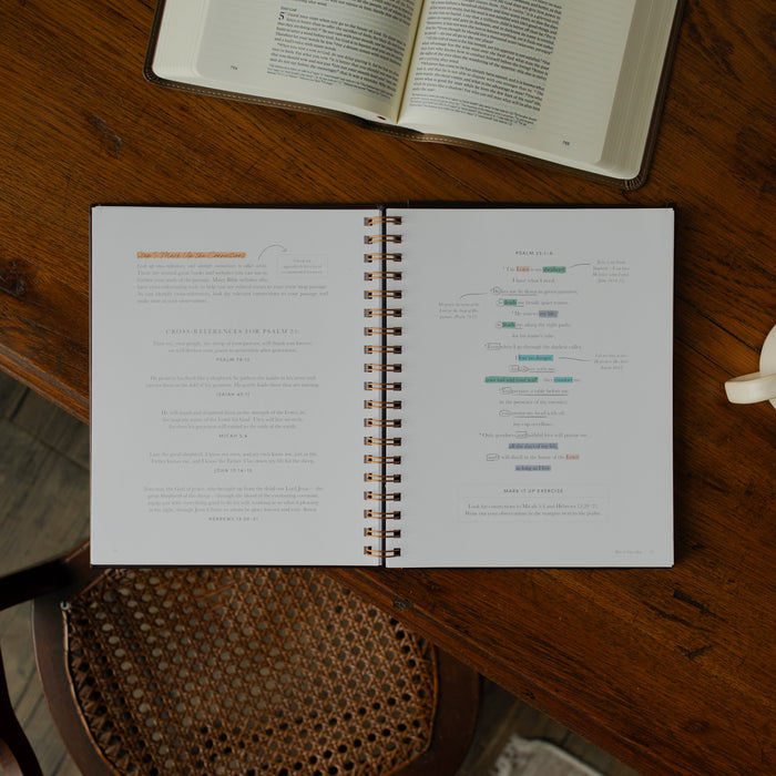 Identity in Christ Verse Map Journal opened to the mark up the connections page on a wooden table near a coffee mug and an open bible