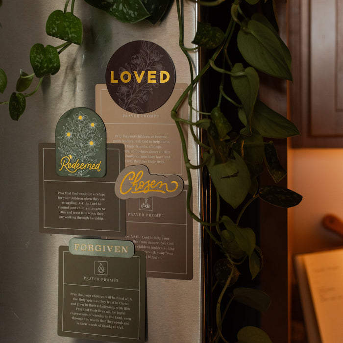 All of the Identity Magnets holding verse cards on a refrigerator near vinery