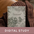 The Immanuel Spiral cover on a woven blanket on a leather couch with a banner that says Digital Study