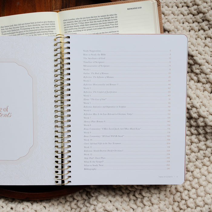 In Christ Alone Study opened to the Table of Contents page up close on an open Bible on a wooden tray on a knitted blanket