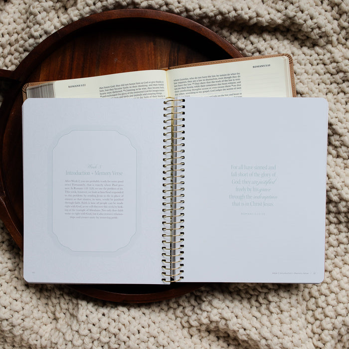 In Christ Alone Study opened to the 
Week 3 Introduction and Memory Verse page on an open Bible on a wooden tray on a knitted blanket