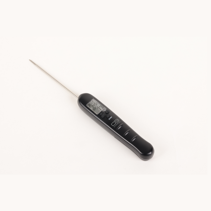 Black digital thermometer with long probe and buttons.