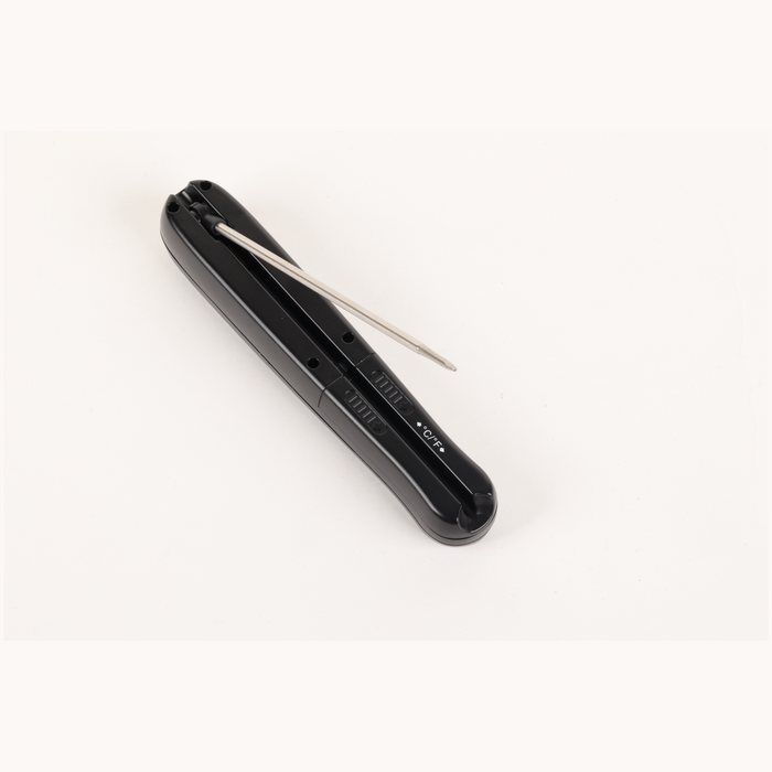 Black OXO meat thermometer with C/F indicator.