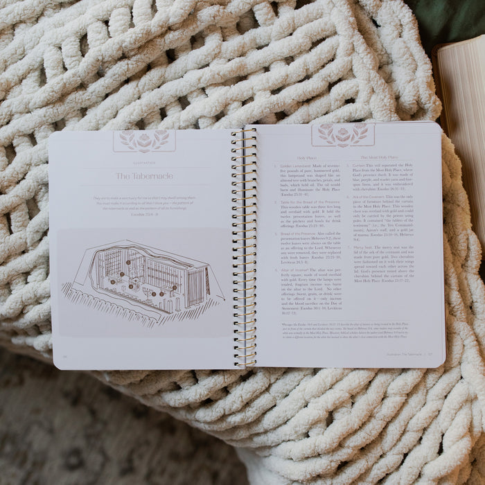 Jesus is Better study opened to the tabernacle page laying on a white knitted blanket
