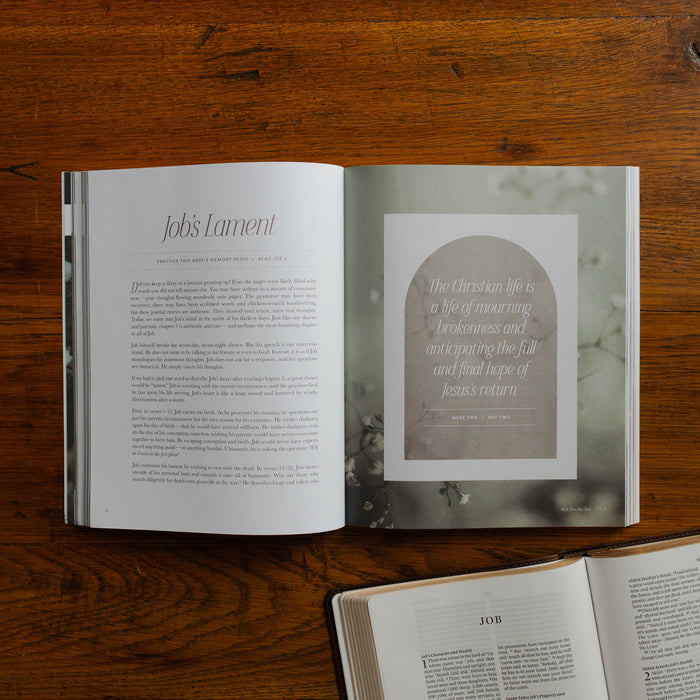 Job Softcover opened to the Job's lament page on a wooden table