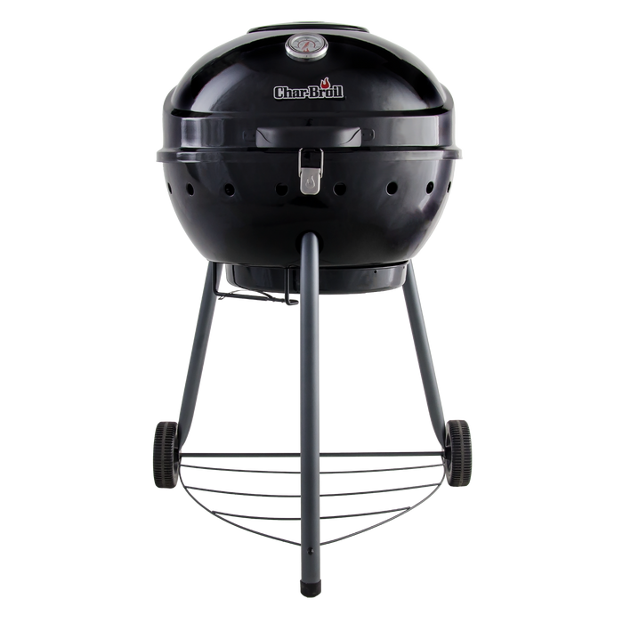 Black Char-Broil charcoal grill with thermometer and wheels.