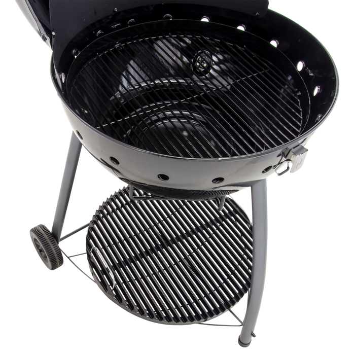 Black charcoal grill with silver base and wheels.