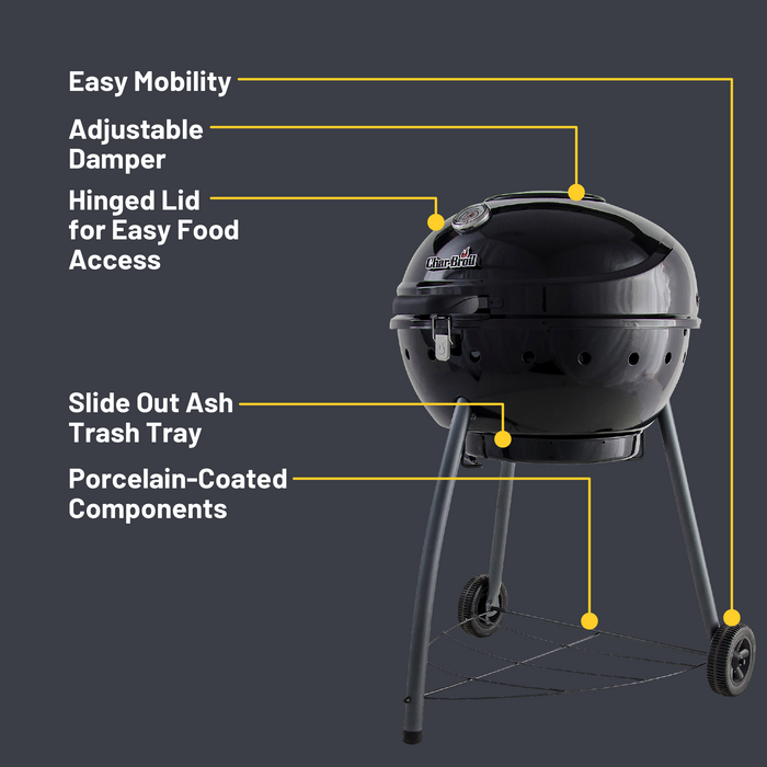 Black Char-Broil kettle grill with easy mobility, adjustable damper, hinged lid, slide-out ash tray.