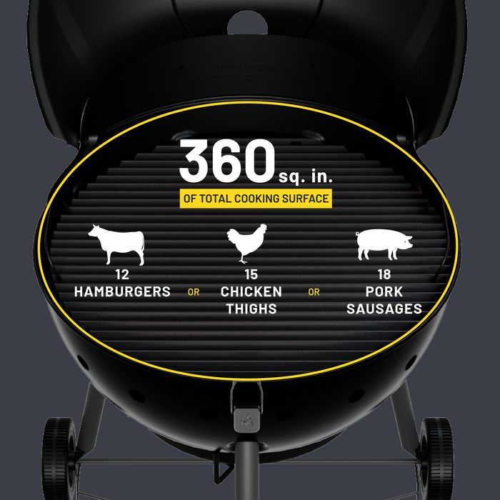 Black kettle grill with 360 sq. in. cooking surface, capacity for 12 hamburgers, 15 chicken thighs, or 18 pork sausages.