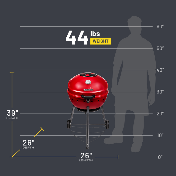 Red Char-Broil grill, 44 lbs, 39" tall, 26" deep, 26" wide, with wheels.