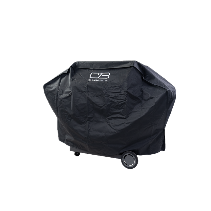 Black Char-Broil grill cover with wheels.