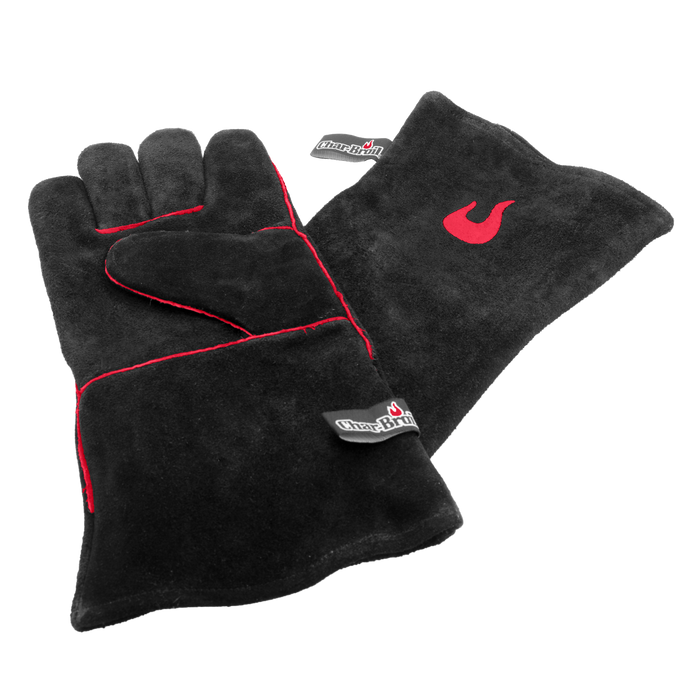 Black Char-Broil barbecue gloves with red stitching and logo.