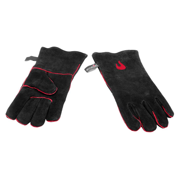 Black Char-Broil heat-resistant grilling gloves with red stitching and flame logo.