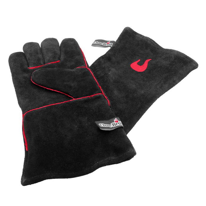 Black Char-Broil heat-resistant grilling gloves with red stitching and logo.