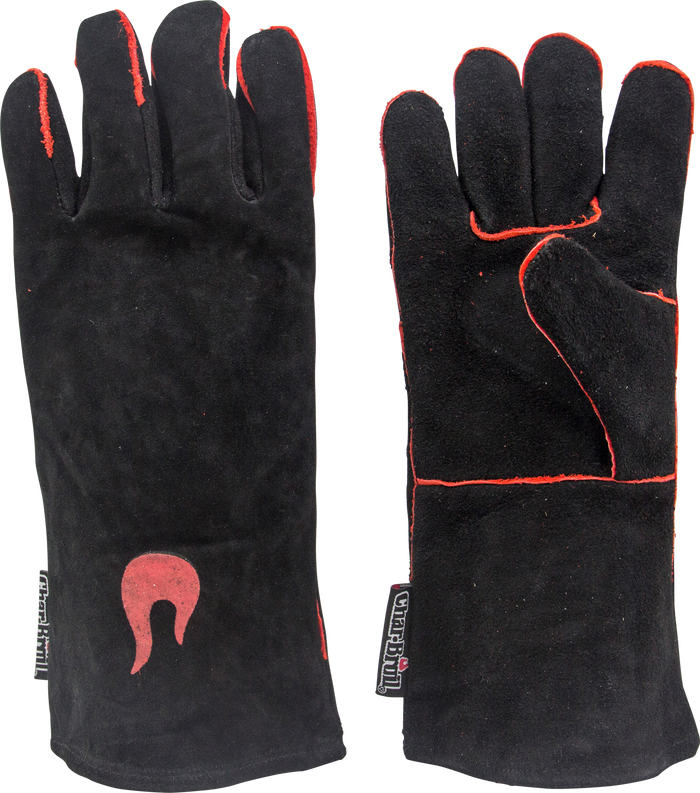 Black Char-Broil touchscreen gloves with red stitching and logo.