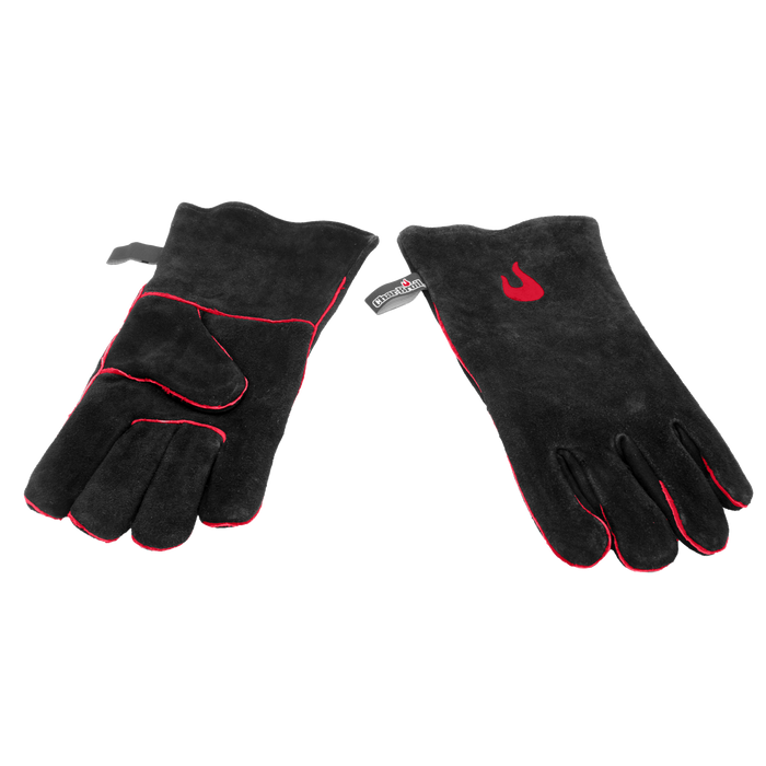 Black gloves with red stitching and Char-Broil logo.