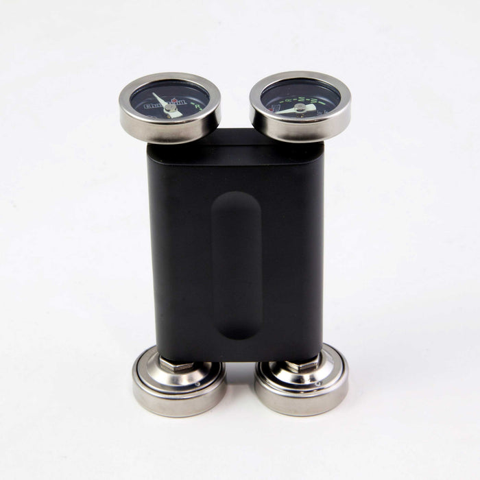 Black dual gauge pressure monitor with stainless steel bases.