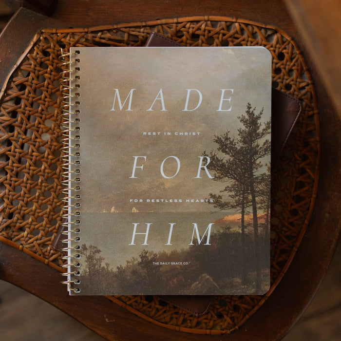 Made for Him Spiral study cover on a bible on a wooden chair